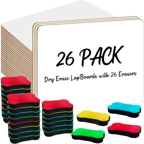 OSIMIG 26 Pack Small White Board Dry Erase, Mini Dry Erase Board 9" x12”, Double Sided Personal Whiteboards with 26 Erasers, White Boards for Students Teachers School Supplies