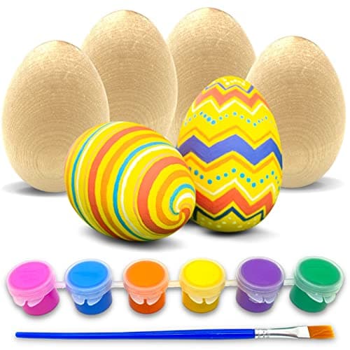 Easter Egg Decorating Kit – (6) 2" Flat-Bottom Wooden Eggs with 6-Color Tempera Paint & Brush – Fun DIY Arts & Crafts for Kids