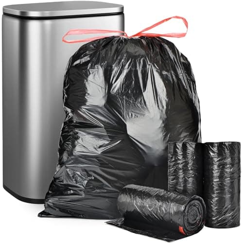 Geiteoa 15-18 Gallon Black Trash Bags with Drawstring (102 Count) Fit 14, 16, 20 Gal High Density Large Garbage Bags, Strong Plastic Trash Can Liners for Kitchen Lawn Commercial