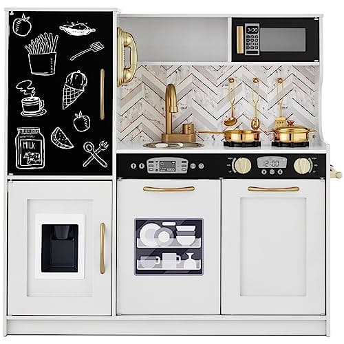 Best Choice Products Pretend Play Kitchen Wooden Toy Set for Kids w/Realistic Design, Telephone, Utensils, Oven, Microwave, Sink - White Bevel