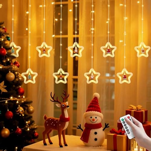 BomKra Christmas Star Curtain Lights, Christmas Window Lights Decor with Remote,8 Lighting Modes, IP65 Waterproof, 10 Hooks Christmas Decorations Indoor Outdoor for Bedroom Party Wall Door Window