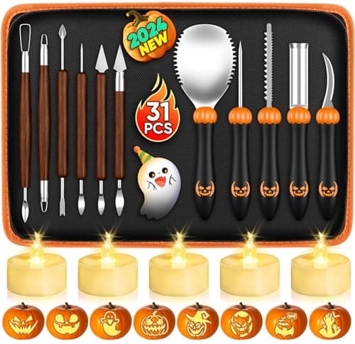 31 PCS Pumpkin Carving Kit, Pumpkin Carving Tools, Halloween Pumpkin Carving Kit with Stencils, Professional Pumpkin Carving Stencils for Adults, Pumpkin Carving Knife, Pumpkin Carving Set for Kids