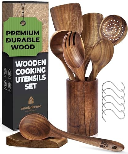 Wooden Spoons for Cooking, Wooden Cooking Utensils Set, Wooden Utensil Set with Holder, Spoon Rest & Hooks, Kitchen Gifts for Women, Kitchen Cookware – Durable Set of 8pcs by Woodenhouse