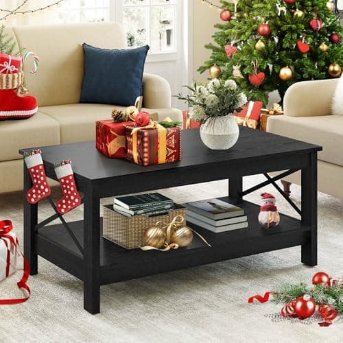 YITAHOME Coffee Table for Living Room,Modern Farmhouse Coffee Table with Storage,2-Tier Center Table for Living Room Wood Living Room Table Accent Cocktail with Sturdy Frame,Black