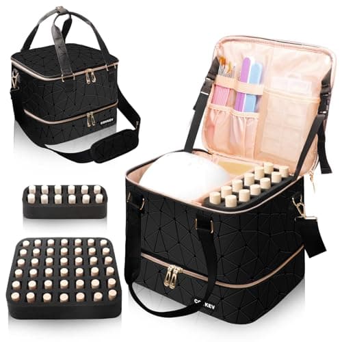 Covkev Nail Polish Organizer Hold 54 Bottles (15ml/0.5 fl.oz), PU Leather Nail Lamp Kit Supplies Organizer Bag Travel, Double Layer Nail Organizers and Storage Case with Holder& Shoulder Strap (Black)