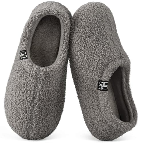 HomeTop Women's Fuzzy Curly Fur Memory Foam Loafer Slippers Bedroom House Shoes with Polar Fleece Lining (9-10, Grey)