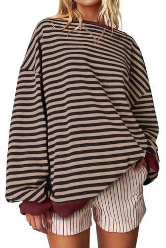 UEU Womens Oversized Crewneck Sweatshirt Striped Color Block Shirt Long Sleeve Pullover Sweaters Black Coffee Large