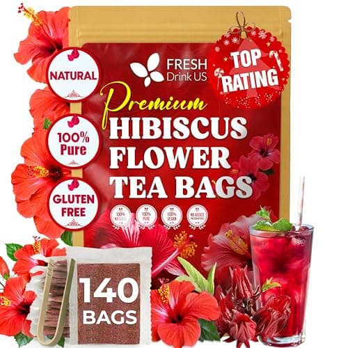 FreshDrinkUS, Premium 140 Hibiscus Flowers Tea Bags, 100% Natural, Handmade & Pure from Hibiscus Flowers. No Sugar/Caffeine/Gluten, Vegan. Tart & Refreshing, Hot or Ice Tea, Great For All Seasons