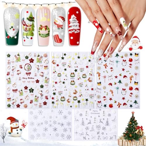 modelones Christmas Nail Stickers 3D Self-Adhesive nail decals Christmas Tree, Snowflakes, Santa Claus, Reindeer & Snowman, Winter Holiday Christmas DIY Nail Stickers for Women & Kids 5Pcs