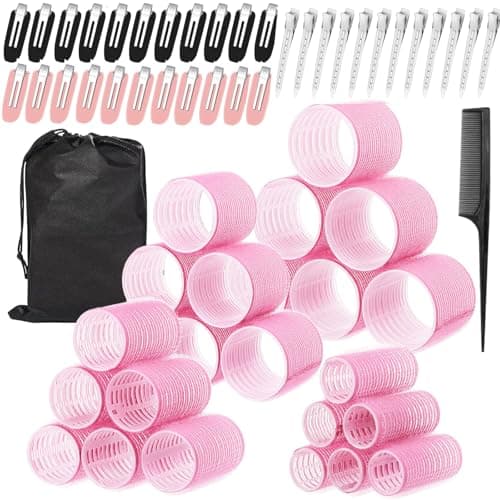 60 Pcs Hair Rollers for Women, Rollers Hair Curlers, 24 Pcs in 4 Sizes(60/48/36/25mm), Self Grip Hair Rollers Set with 34 Pcs Stainless Steel Clips for Long, Medium, Short, Storage Bag, Comb