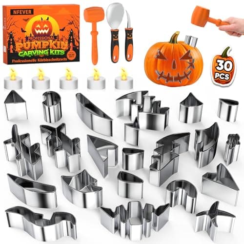 Halloween Pumpkin Carving Kit Tools: 30PCS Pumpkin Carving Tools Set includes 22 Stainless Steel Stencils, Hammer, Spoon, Carve Knife, Candles, Halloween Gifts DIY Pumpkin Decorating Kit Safe for Kids