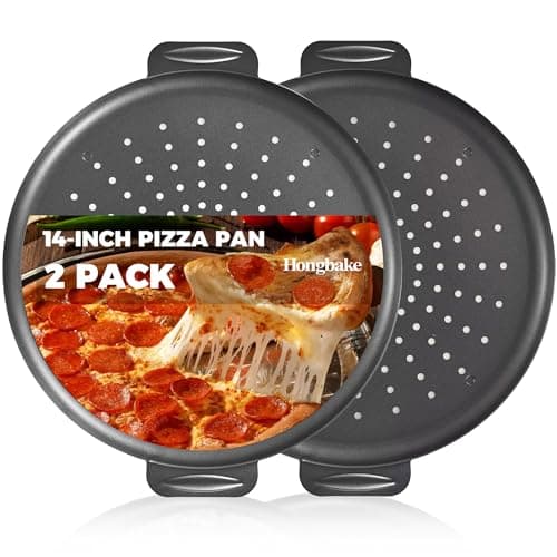 HONGBAKE 2 Pack Pizza Pan 14 Inch with Holes, Rust-Free Nonstick Pizza Pan for Oven, 0.8mm Carbon Steel Perforated Pizza Tray with Wider Handles, Round Baking Sheet for Frozen & Homemade Pizza, Grey