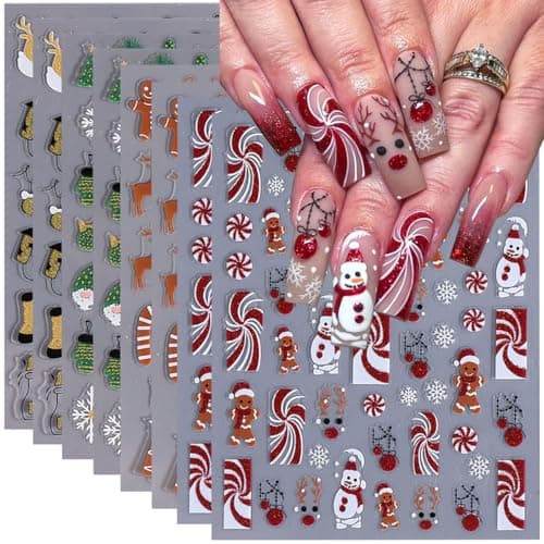 8PCS Christmas Nail Art Stickers Decals 3D Glitter Christmas Nail Stickers Gingerbread Man Elk Snowflake Nail Art Design Xmas Nail Decals Santa Claus Snowman Manicure Supplies for Nail Art Decorations