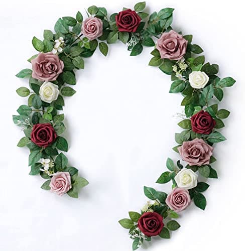 PONATIA 5FT Burgundy Artificial Flowers Garland, Dusty Rose Flowers Garland for Wedding Ceremony Garlands Backdrop Arch Flowers, Table Christmas Decorations (Burgundy & Ivory)