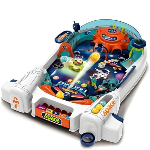 OLEOCA Space Pinball Machine — Tabletop Arcade Game with Obstacles, Pull-Rod Launcher, Flippers, UFO Targets & Astronaut Theme, 1-2 Player Mini Pinball for Kids