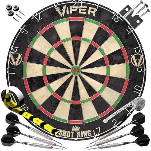 Viper Shot King Regulation Bristle Steel Tip Dartboard Set with Staple-Free Bullseye, High-Grade Compressed Sisal Board with Rotating Number Ring, Includes 6 Darts