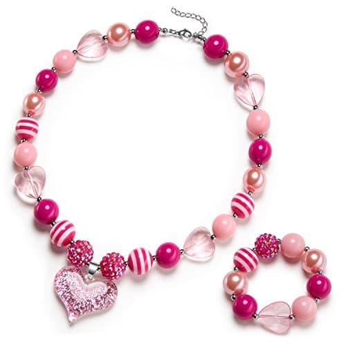 VCMART Glitter Heart Pendant Chunky Bubblegum Necklace and Bracelet Set Girls Valentines Day Gift