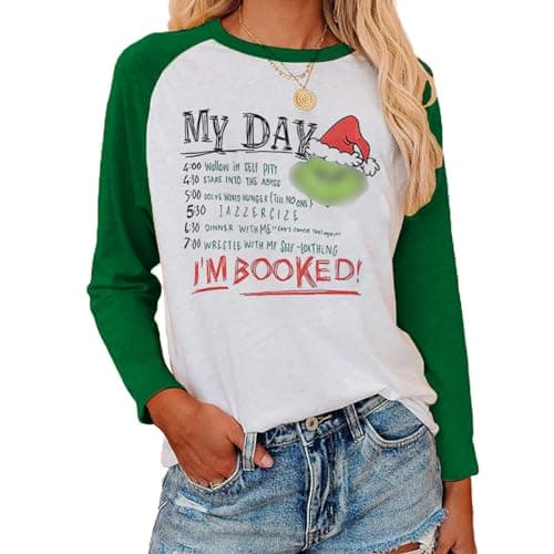 Women's Christmas Long Sleeve T-Shirt - I'm Booked Tops,Christmas Funny Printing Girls I'm Booked (US, Alpha, Large, Regular, Regular, Green)