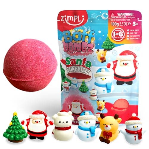 ZIMPLI Large 100g Santa Surprise Baff Bombz, Contains 6 Surprise Christmas Toys to Collect in Total, One per Bath Bomb, Stocking Filler for Boys Girls 4 5 6 7 8 9