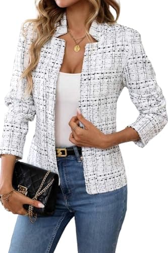 ELLEVEN Womens Blazer Business Casual Suit Jacket Tweed Blazers for Women Slim Fit Fitted Long Sleeve Stand Collar Blazer Dressy Full Lining Coat Cardigan with Padded Shoulder White Medium
