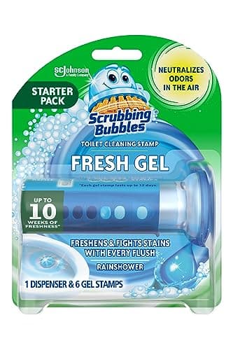 Scrubbing Bubbles Fresh Gel Toilet Bowl Cleaning Stamps, Helps Keep Toilet Clean and Helps Prevent Limescale & Toilet Rings, Rainshower Scent, 1 Dispenser with 6 Fresh Gel Stamps