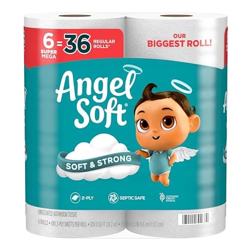 Angel Soft Toilet Paper, 6 Super Mega Rolls = 36 Regular Rolls, Soft and Strong Toilet Tissue