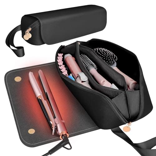 SS Hair Tools Travel Bag and Heat Resistant Mat for Hot Tools, Leather Curling Iron travel Case for Hair Tools, Portable travel essentials for Women, Black