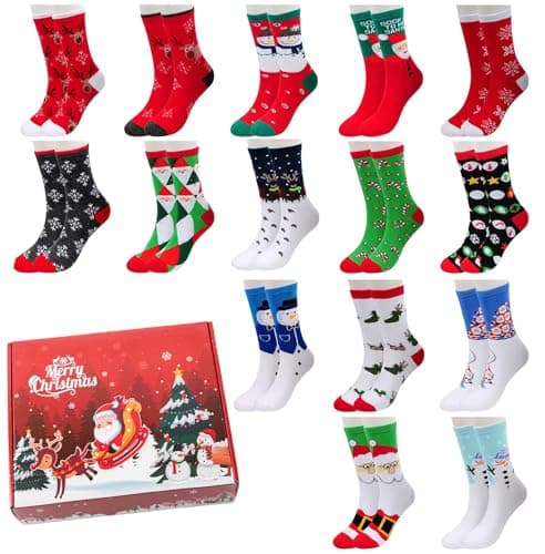 MarJunSep 15 Pairs Women's Christmas Socks Gifts for Women Adults Family Coworkers Cotton Holiday Socks Stocking Stuffers