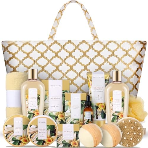 Spa Luxetique Gift Baskets for Women,15 Pcs Vanilla Spa Gifts for Women, Gifts for Women with Bubble Bath, Bath Salt, Bath Bombs Christmas Gift Baskets With Tote Bag, Spa Baskets for Women Gift