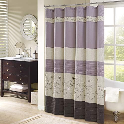 Madison Park Serene Flora Fabric Shower Curtain, Embroidered Transitional Shower Curtains for Bathroom, 72 x 72 in, Purple