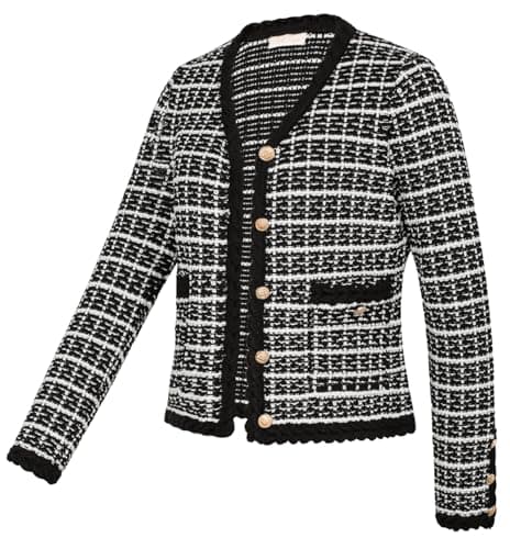 Belle Poque Women Cardigan Sweaters Tweed Jacket V Neck Sweater Blazer with Button for Fall Winter Spring Black S