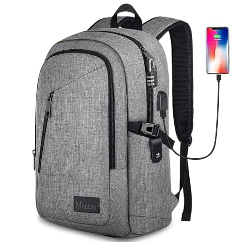 Mancro Laptop Backpack for Travel, Anti-theft Laptop Backpack for Men Business Backpack Work Daypack with USB Charging Port & Lock, Water Resistant Travel Computer Bag Daypack, Grey