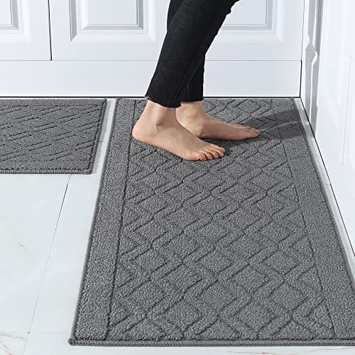 COSY HOMEER 48x20 Inch/30X20 Inch Kitchen Rug Mats Made of 100% Polypropylene 2 Pieces Soft Kitchen Mat Specialized in Anti Slippery and Machine Washable (Grey)