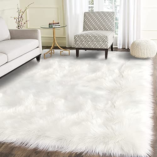 Latepis Faux Fur Sheepskin Rug for Living Room, 4x6 Fluffy Washable Rug for Bedroom, Playroom, Luxury Room Decor, White, Rectangle