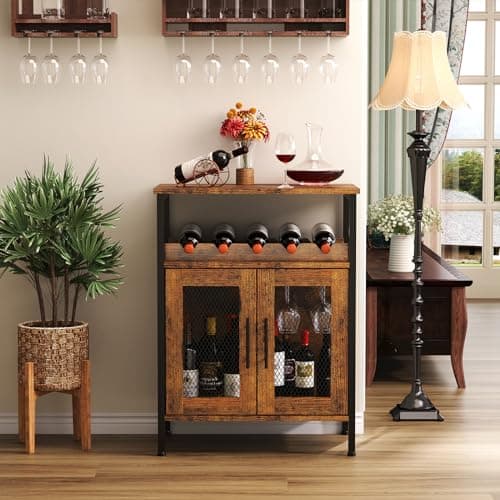 X-cosrack Wine Bar Rack Cabinet with Detachable Wine Rack, Coffee Bar Cabinet with Glass Holder, Small Sideboard and Buffet Cabinet with Mesh Door, Rustic Brown(Patent Pending)