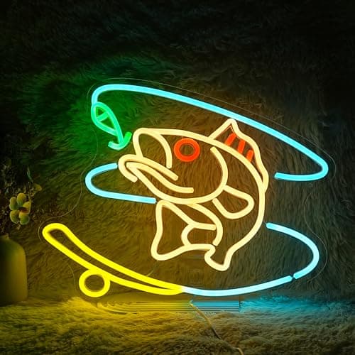 Fishing Neon Sign Dimmable Fish Neon Light for Wall Decor LED USB Powered Fishing Hook Lights for Fishing Gear Store Yacht Man Cave Living Room Boys Gifts(Multicolor 15.7‘’*12.4‘’）