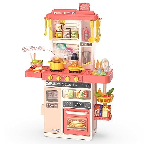 Kids Kitchen Play Set，Interactive Kids Kitchen Play Set with 50Pcs of Pretend Kitchen Toys，Realistic Sound Effects，and Simulated Functionality - Suitable for Toddlers Aged 2-12 Years(Pink)