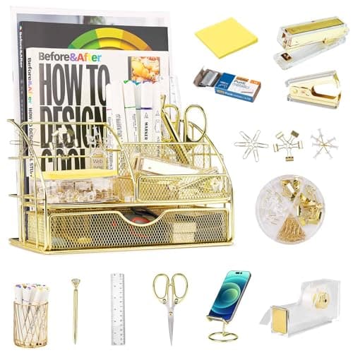 cocoduck Gold Desk Organizer and Office Desk Accessories, Office Supplies Set with Stapler, Tape Dispenser, Stapler Remover, Pen Holder, Clip, Tacks and More