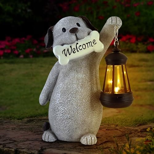 Olekki Solar Dog Garden Statue with Lantern Light – 9.2in Outdoor Dog Figurine for Yard Patio Garden Decor, Cute Memorial Gift for Women Mom