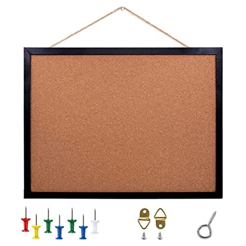 GDMINLO Black Cork Board Bulletin Board, 17.7 X 13.3inches pin Boards with Oak Wood Finish Frame, for Wall Office Home and School(Pins, Eye Bolts, gaskets, Screws)