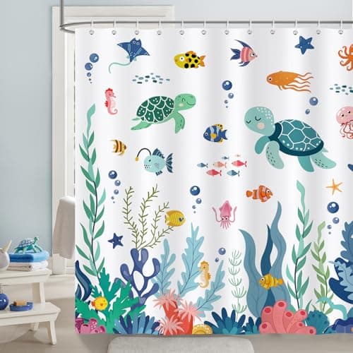 Bonhause Kids Shower Curtain, Cute Ocean Sea Turtle Fish Corals Underwater World Bathroom Decor for Boys Girls 72 x 72 Inch Polyester Fabric Waterproof Bath Curtain with 12 Hooks