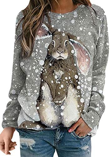 Efofei Ladies Easter Bunny Print Sweatshirt - Long Sleeve Rabbit Shirt - Snow Bunny XL