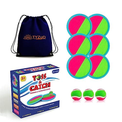 Toss and Catch Ball Set, Outdoor Games, Beach Games for Kids, Toss Ball and Catch Game Set for Kids/Family (6 Paddles, 3 Balls and 1 Storage Bag) (Pink-Green)