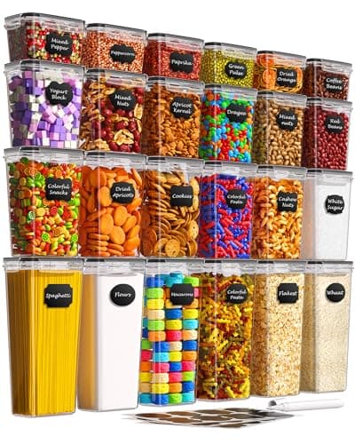 Airtight Food Storage Containers with Lids, 24 PCS Kitchen and Pantry Organization Canisters, BPA-Free, PVC-Free, Food-grade Plastic Leak-proof Jars for Cereal, Flour, Sugar, Extra 24 Labels & Marker