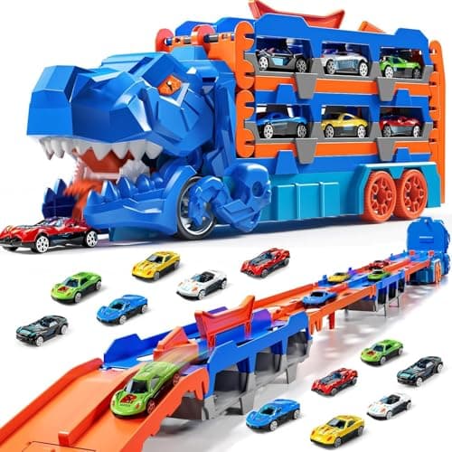 Dinosaur Transporter Truck Toy for 3 4 5 6 Years Old Boys - Toy Cars Tracks Suit with 12 Diecast Racing Cars, Transformed Dinosaur Carrier Truck with Handle, Gifts for Age 3-5 Boys Girls