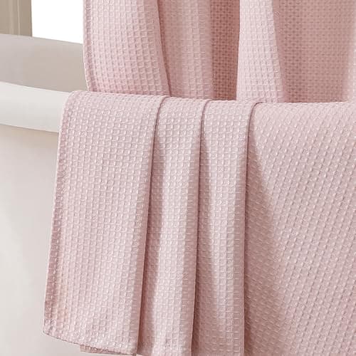 OVZME Blush Pink Shower Curtain Set, Waffle Textured Heavy Duty Fabric Shower Curtain for Bathroom, Luxury Hotel Weighted 230GSM Bath Curtain with 12 Plastic Hooks, Machine Washable, 72x72