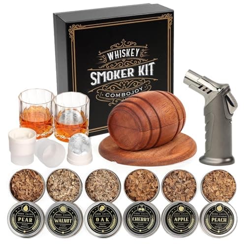 Whiskey Smoker Kit with Torch - 6 Flavors Wood Chips, 2 Glasses, 2 Ice Ball Molds - Cocktail Smoker Infuser Kit, Old Fashioned Drink Smoker Kit, Birthday Bourbon Whiskey Gifts for Men,Dad(NO Butane)