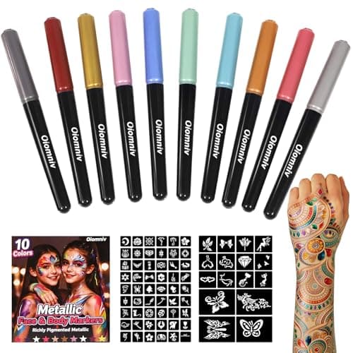 Oiomniv Temporary Tattoo Markers for Skin, 10 Metallic Body Markers with 70 Stencils, Waterproof & Skin-Safe Tattoo Pens for Adults and Teens, Flexible Brush Tip for Face & Body Art, Party Favor Gift