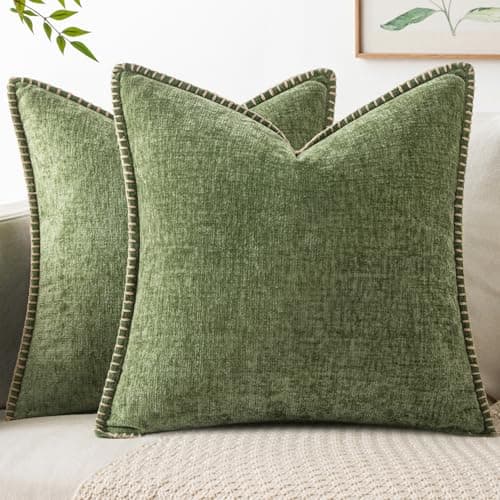 MIULEE Pack of 2 Couch Throw Pillow Covers 18x18 Inch Sage Green Farmhouse Decorative Pillow Covers with Stitched Edge Soft Chenille Solid Dyed Spring Pillow Covers for Sofa Bed Living Room