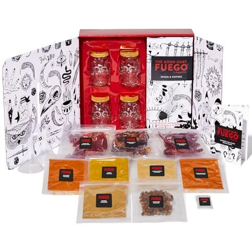 The Good Hurt Fuego by Thoughtfully, DIY Hot Sauce Set, Includes 4 Skull Shaped Reusable Glass Jars, 2 Funnels, Seasonings, Gloves and Recipe Book to Make Your Own Hot Sauce